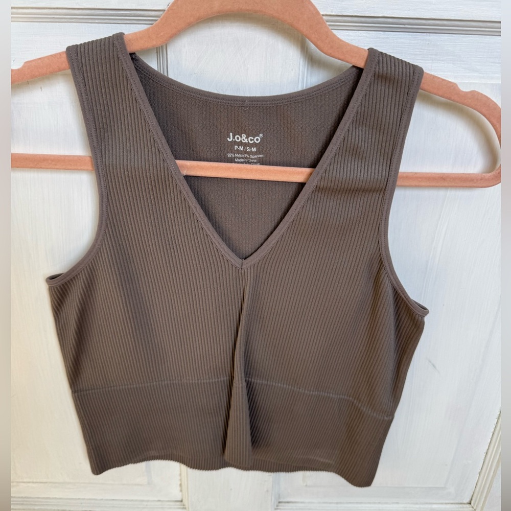 Brown Ribbed V-Neck Crop Tank